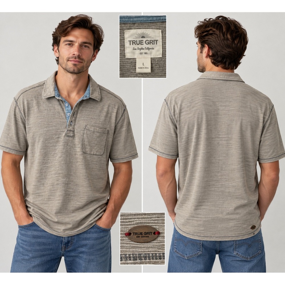 True Grit Polo Shirt Mens Large Coastal Rugged Grey Striped Textured Knit Pocket